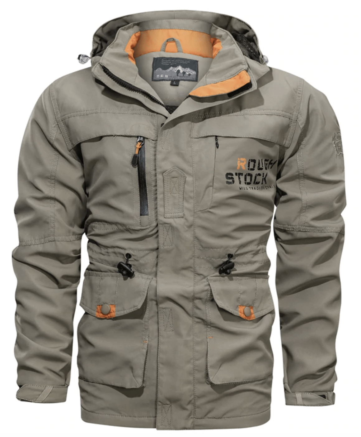 Men's hooded utility coat with long sleeves, multiple pockets and contrast trim