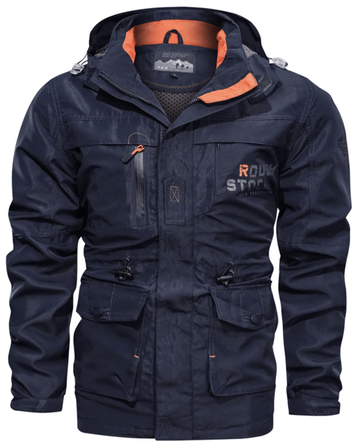 Men's hooded utility coat with long sleeves, multiple pockets and contrast trim