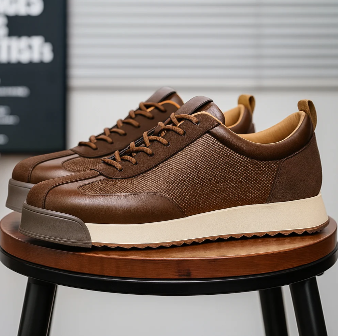 Leather lace-up sneakers with textured side panels