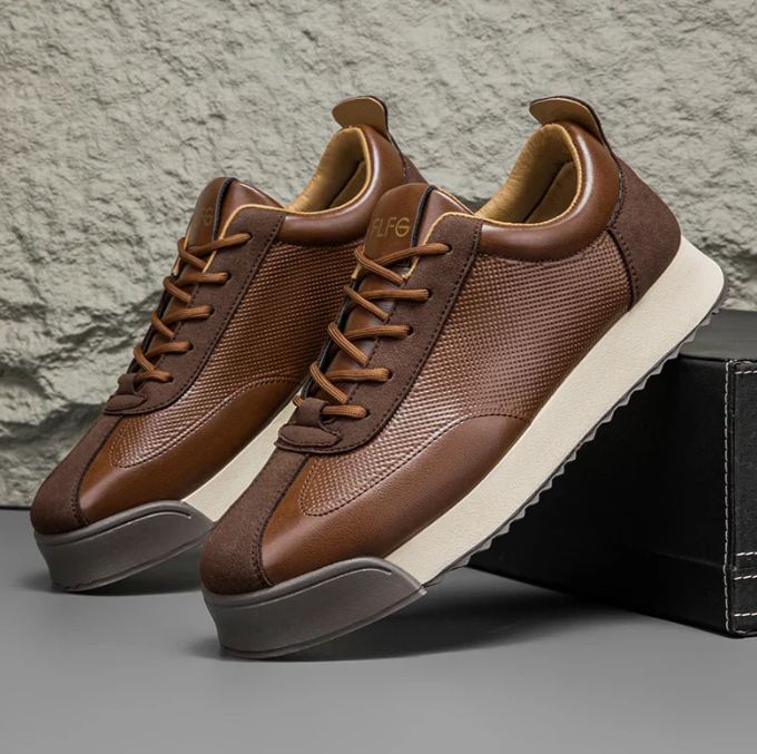 Leather lace-up sneakers with textured side panels
