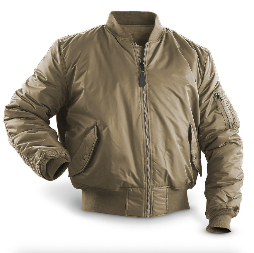 Men's quilted bomber jacket with zip front and ribbed trims