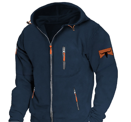 Men's full-zip hooded sweatshirt with zipped pockets and contrasting pull details