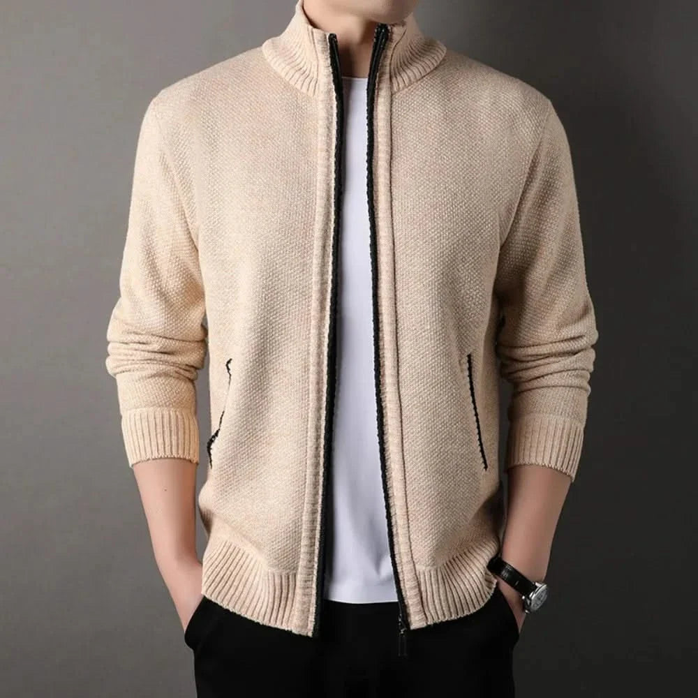 Men's textured knit jacket with high collar, zip front and ribbed trims
