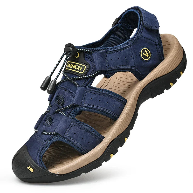 Men's Closed Toe Walking Sandals, Bungee Lace, Lugged Sole