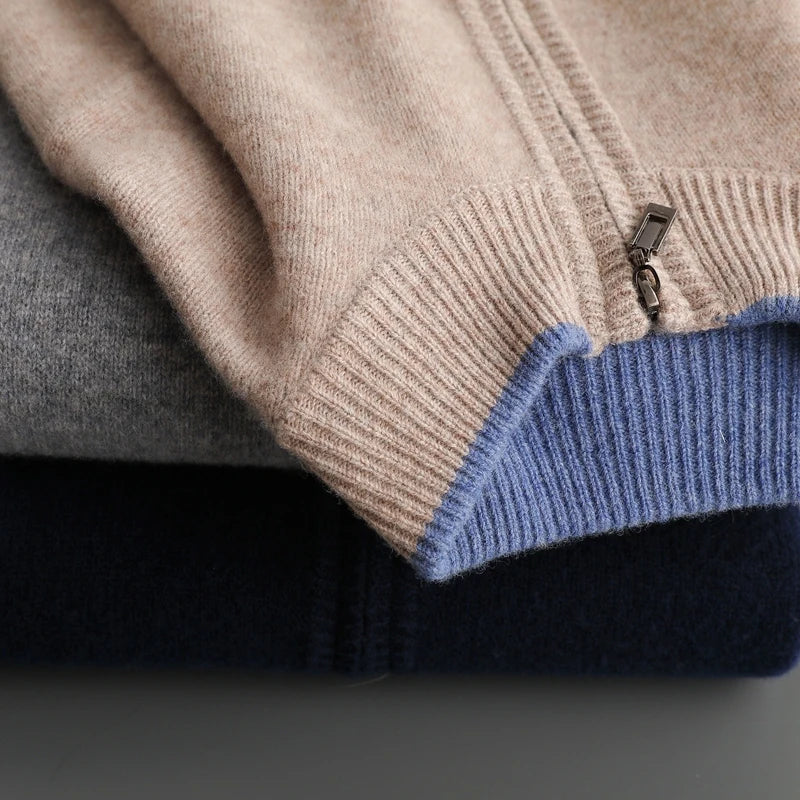 Knit zip-front bomber cardigan with ribbed collar and long sleeves