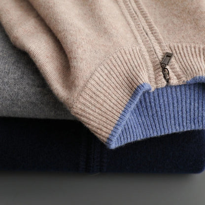 Knit zip-front bomber cardigan with ribbed collar and long sleeves
