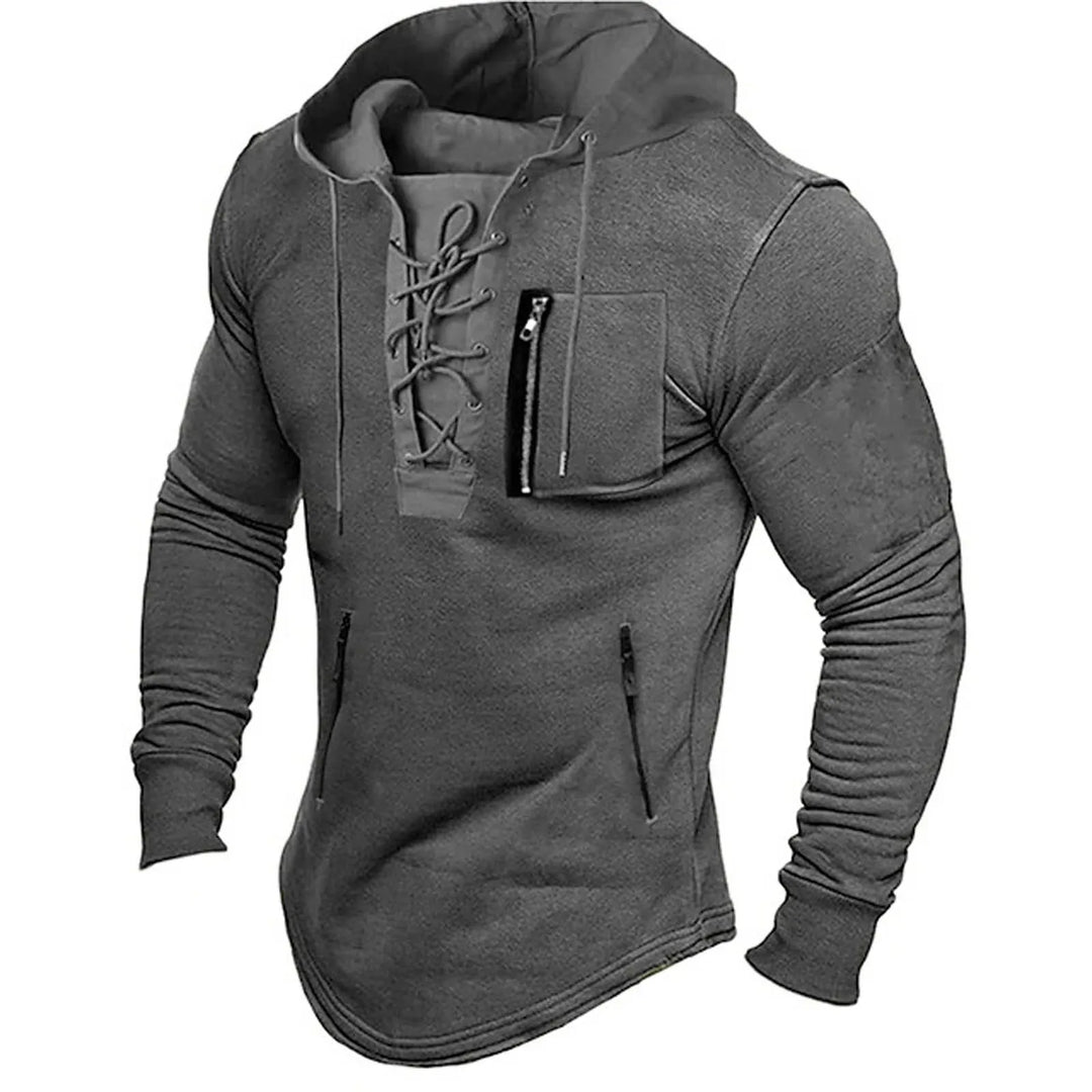 Men's hooded sweater with lace-up front and zip pockets