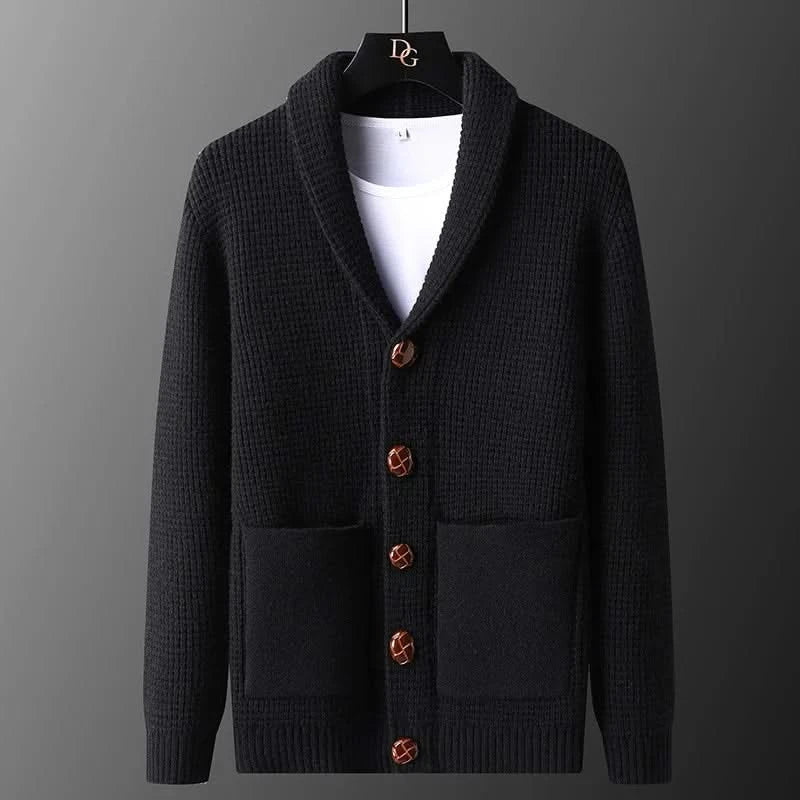 Men's textured knit cardigan with shawl collar, buttons and two patch pockets