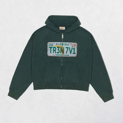 Cropped hooded zip hoodie with license plate chest graphic