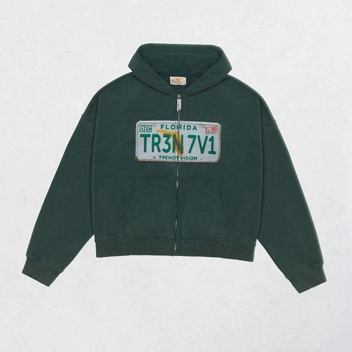 Cropped hooded zip hoodie with license plate chest graphic