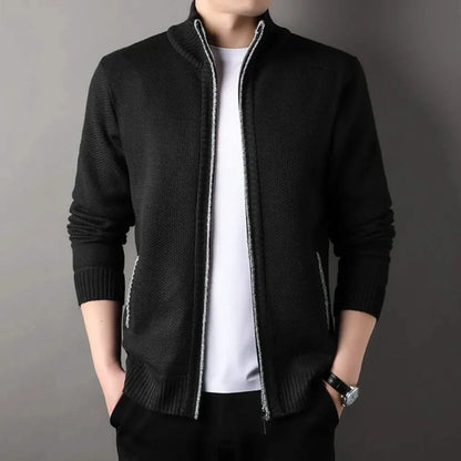 Men's textured knit jacket with high collar, zip front and ribbed trims