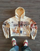 Beige zip-up hoodie with hood and all-over postal stamp graphic print