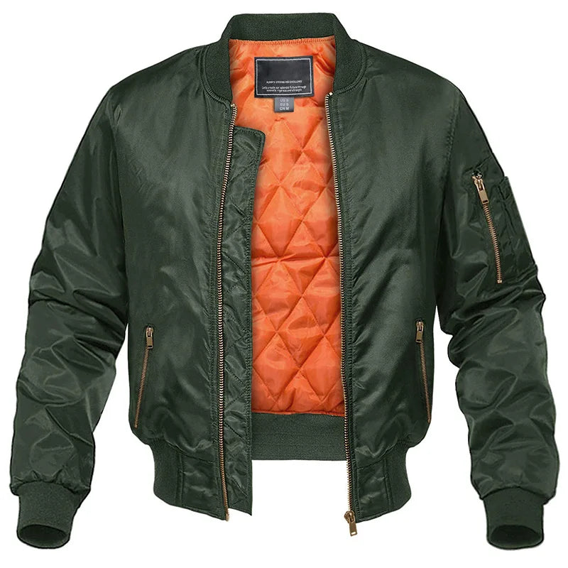 Men's quilted bomber jacket with zip front and ribbed trims