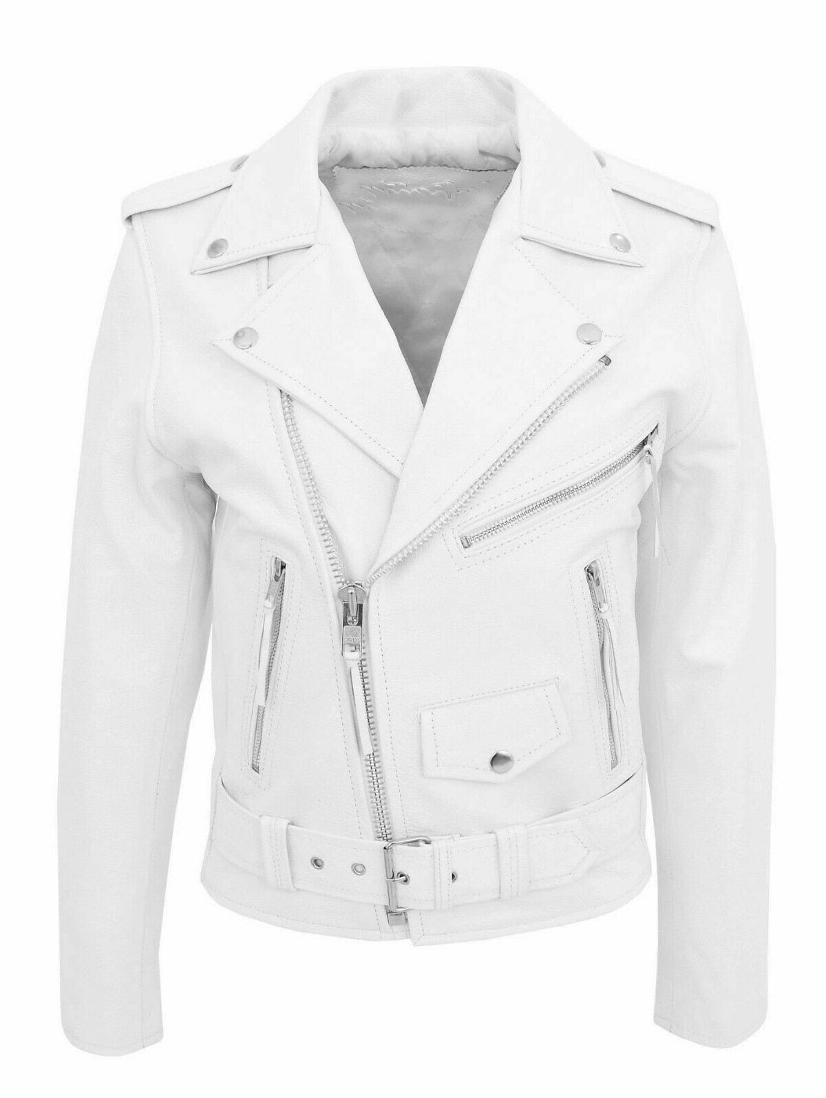 Men's fitted biker jacket with notched collar, angled zip, pockets and waist belt