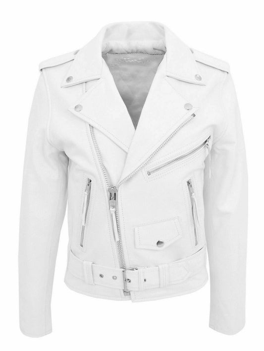 Men's fitted biker jacket with notched collar, angled zip, pockets and waist belt