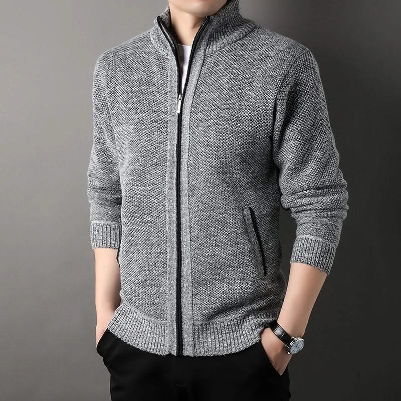 Men's textured knit jacket with high collar, zip front and ribbed trims