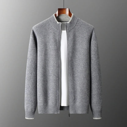 Knit zip-front bomber cardigan with ribbed collar and long sleeves