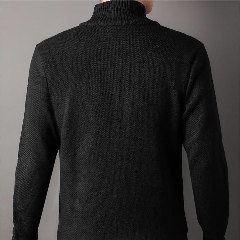 Men's textured knit jacket with high collar, zip front and ribbed trims