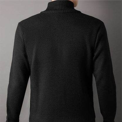 Men's textured knit jacket with high collar, zip front and ribbed trims
