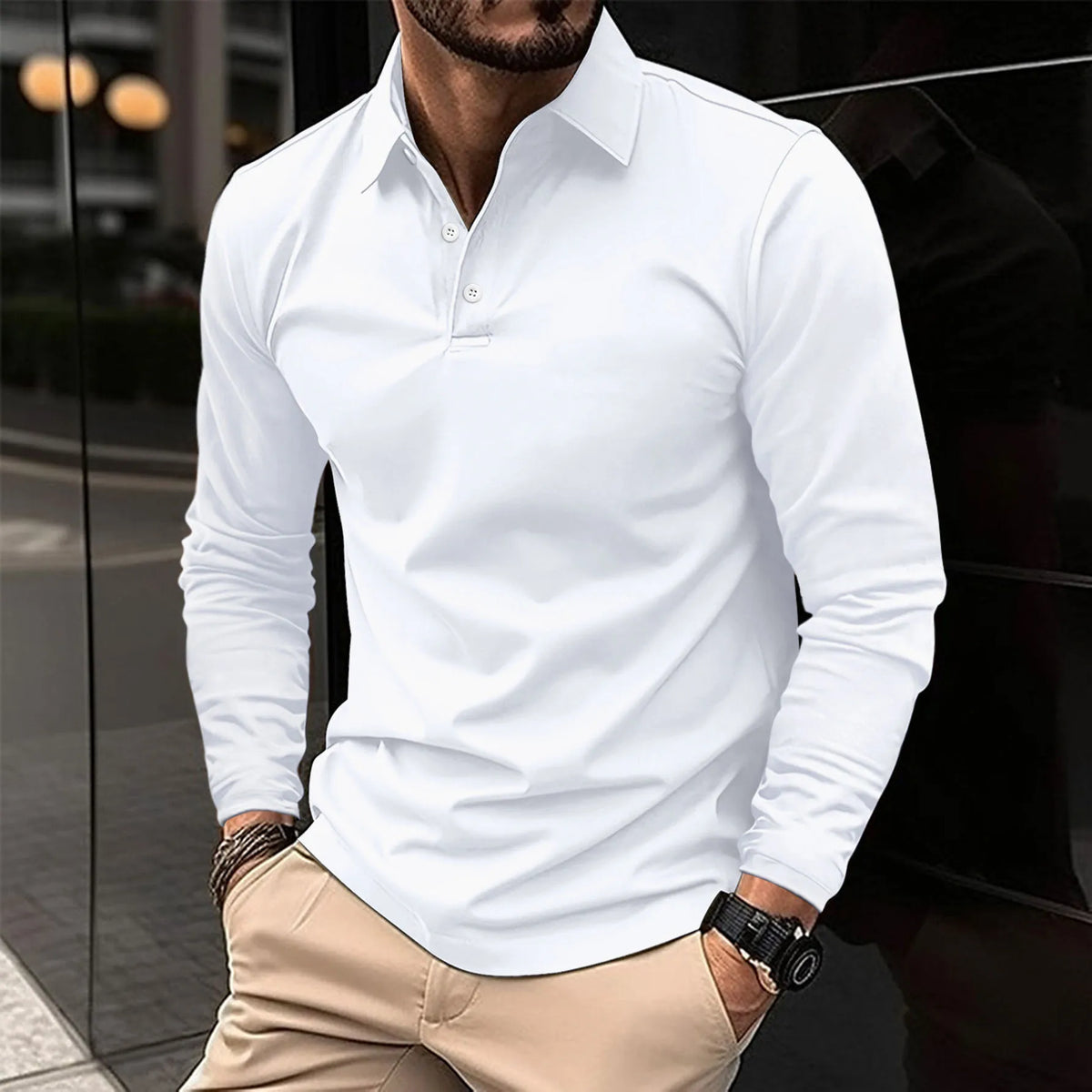Men's long sleeve collared polo shirt with button placket