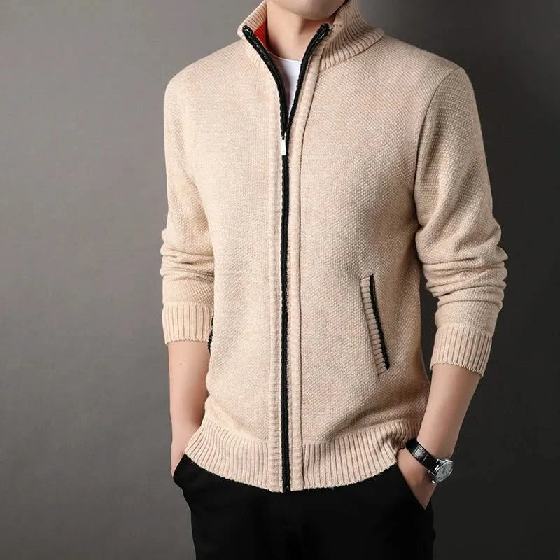 Men's textured knit jacket with high collar, zip front and ribbed trims