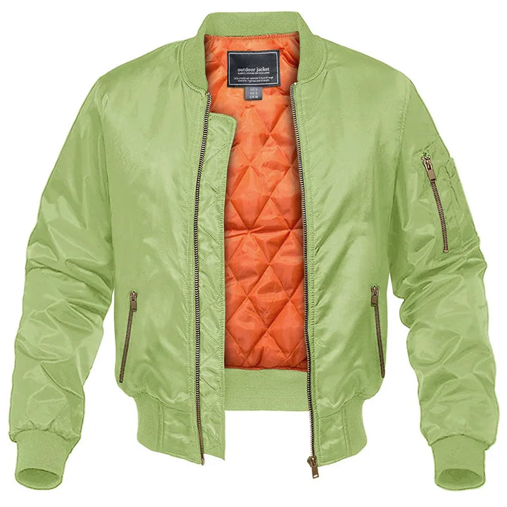 Men's quilted bomber jacket with zip front and ribbed trims