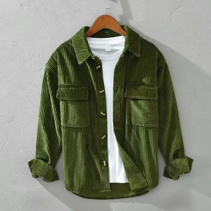 Men's green and black corduroy overshirts with button fronts and chest pockets