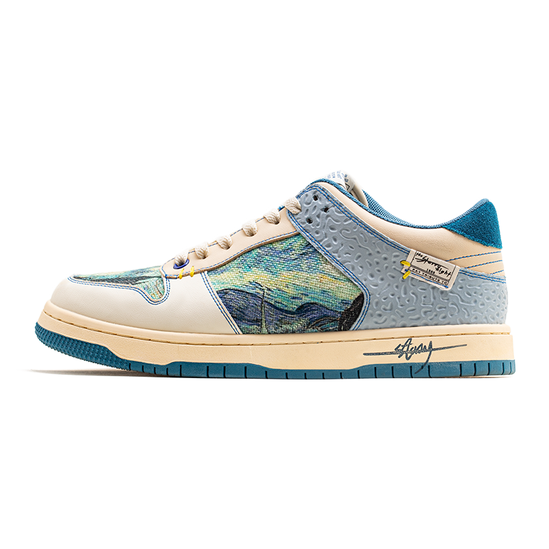 Multicoloured abstract landscape lace-up sneakers with blue sole