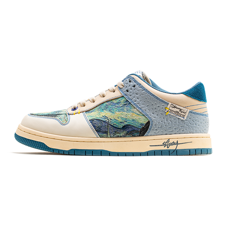 Multicoloured abstract landscape lace-up sneakers with blue sole
