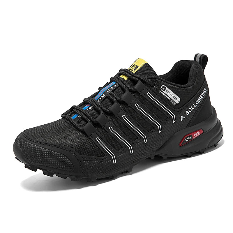 Men's low-cut lace-up hiking shoes with textured panels and rugged treaded soles