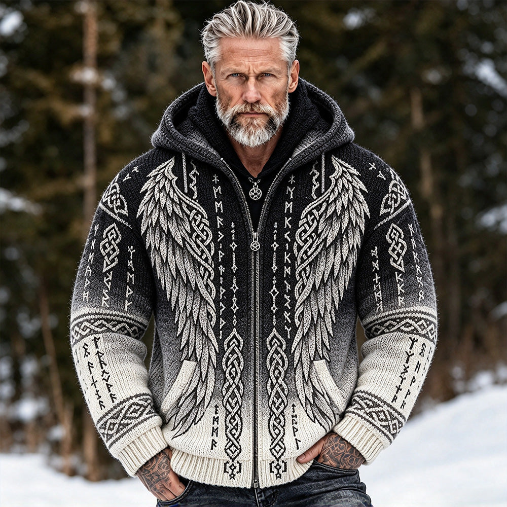 Men's hooded jacquard cardigan sweater with Nordic wing and Celtic knot patterns