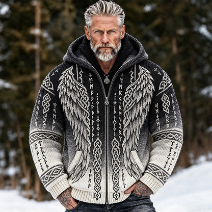 Men's hooded jacquard cardigan sweater with Nordic wing and Celtic knot patterns