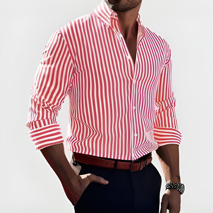 Men's Slim Fit Striped Shirt, Long Sleeve Vertical Stripe Smart Casual Button-Up Shirt