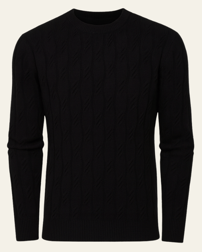 Men's black cable knit sweater with raised cable texture