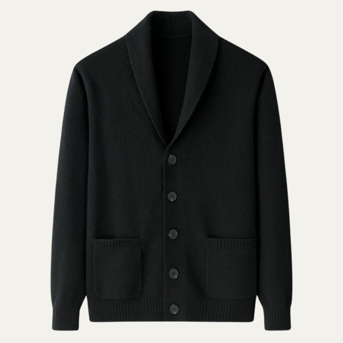 Men's shawl collar button cardigan with long sleeves, ribbed trims and front pockets
