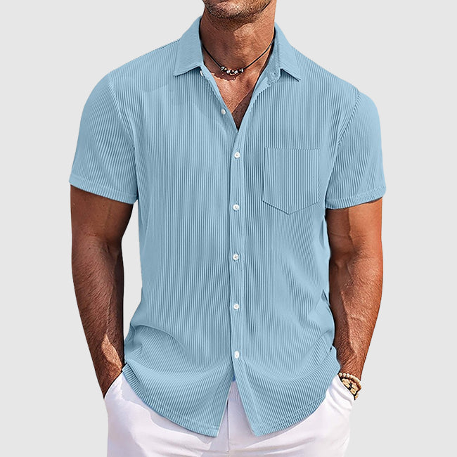 Men's Striped Short Sleeve Shirt, Lightweight Button-Up with Turn-Down Collar and Chest Pocket