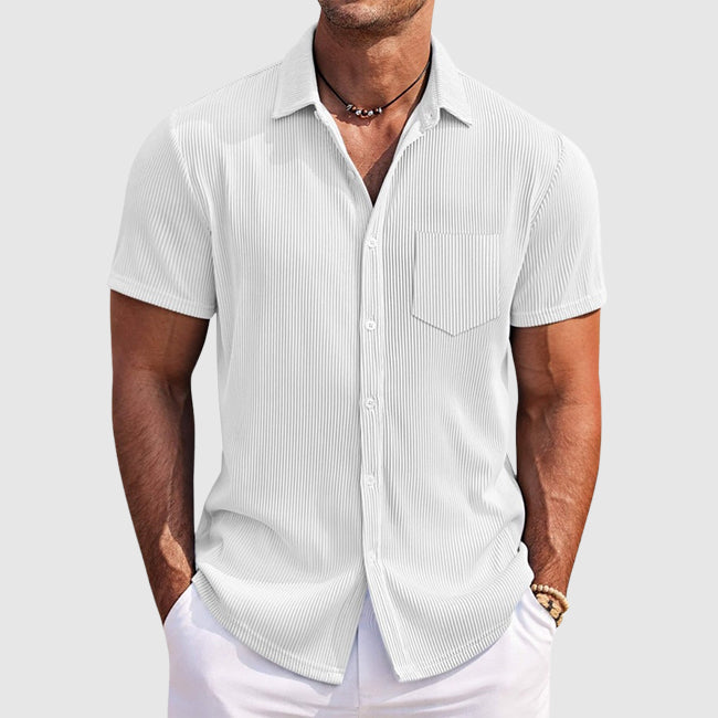 Men's Striped Short Sleeve Shirt, Lightweight Button-Up with Turn-Down Collar and Chest Pocket