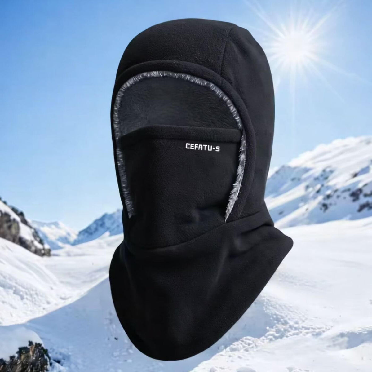 Unisex balaclava hat with face cover, ear trim and draped neck section