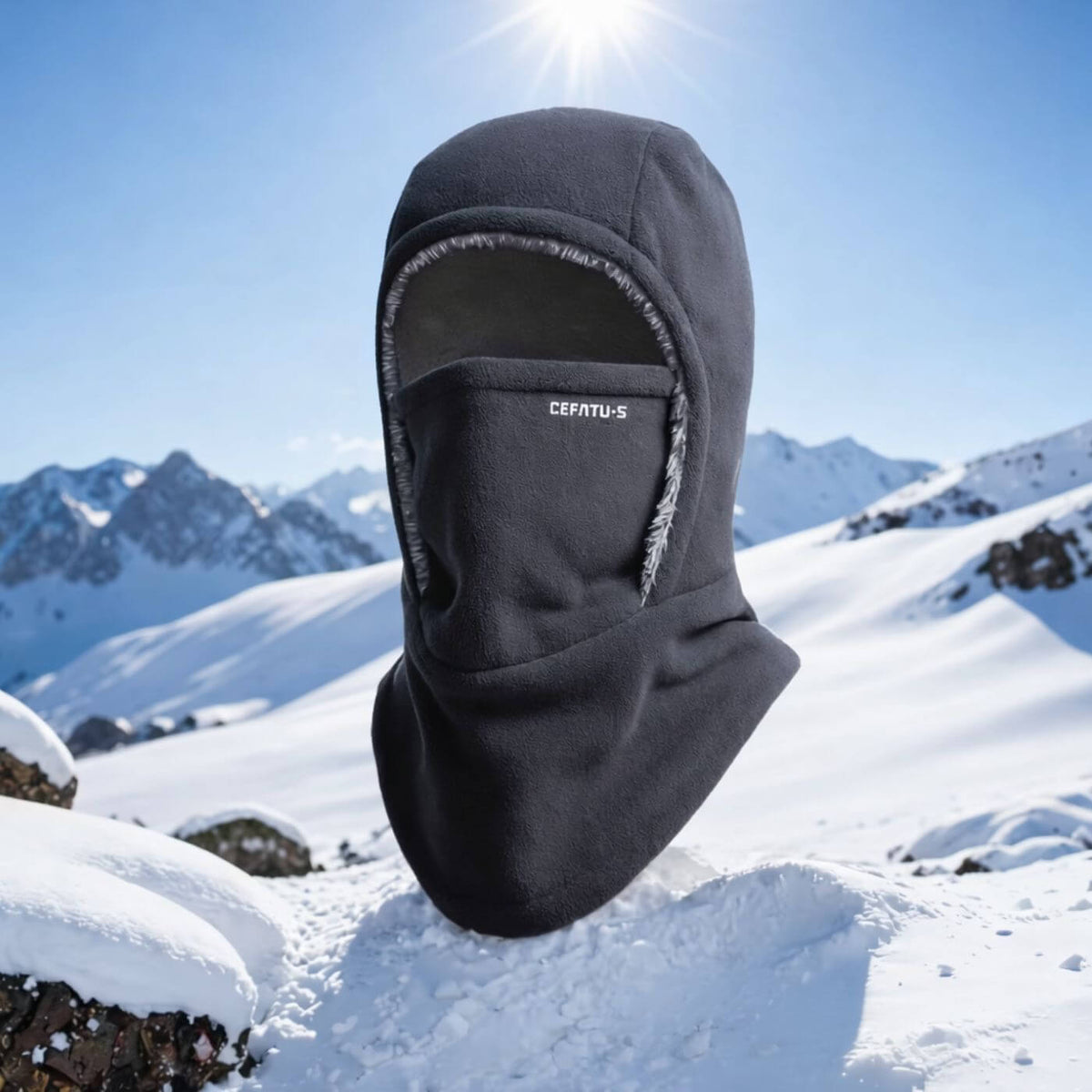 Unisex balaclava hat with face cover, ear trim and draped neck section