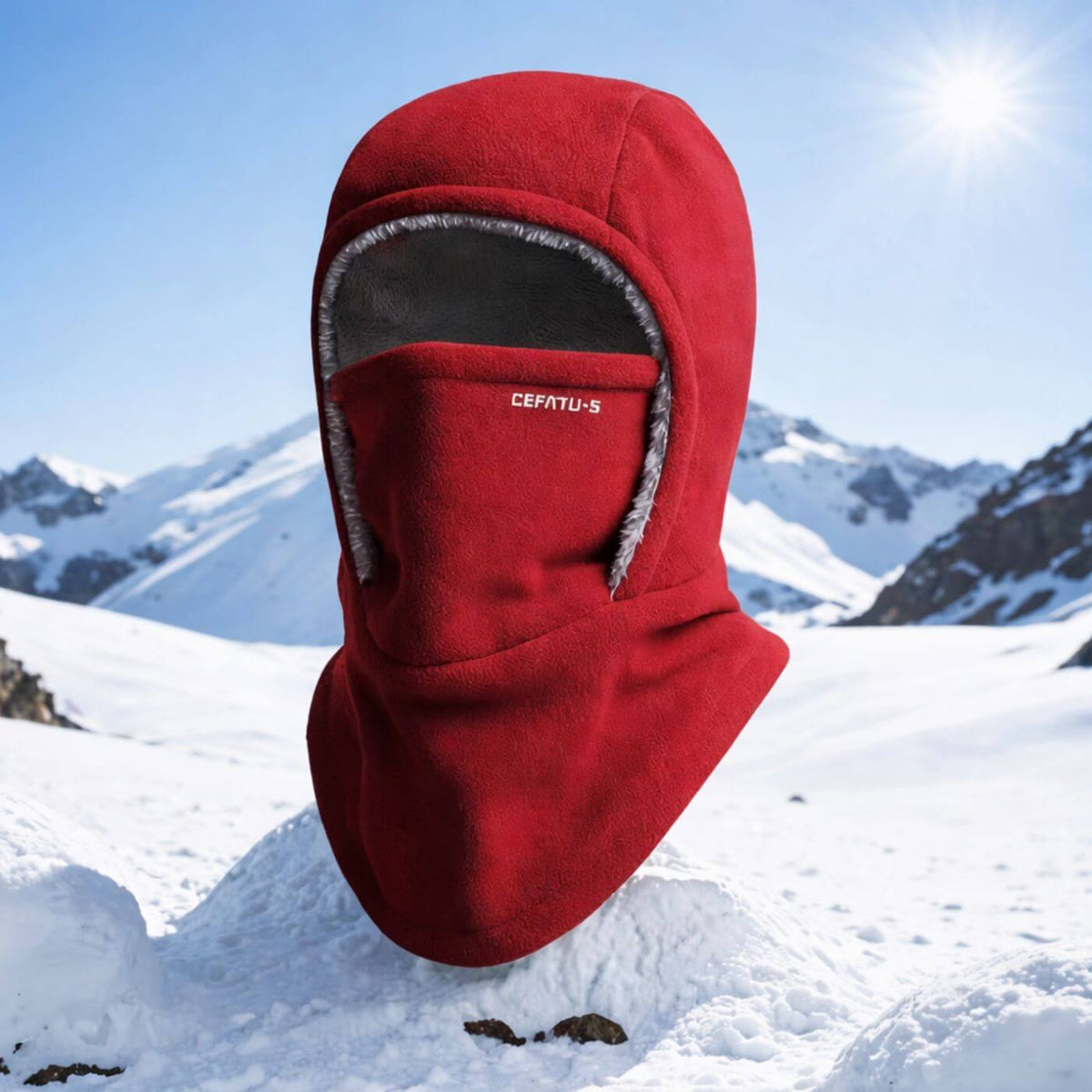 Unisex balaclava hat with face cover, ear trim and draped neck section