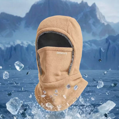 Unisex balaclava hat with face cover, ear trim and draped neck section
