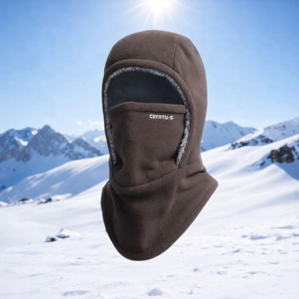 Unisex balaclava hat with face cover, ear trim and draped neck section