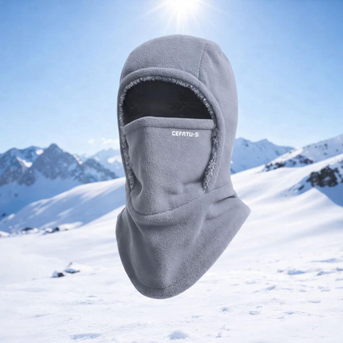 Unisex balaclava hat with face cover, ear trim and draped neck section