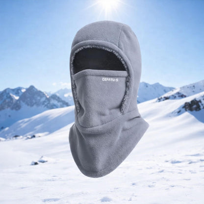 Unisex balaclava hat with face cover, ear trim and draped neck section