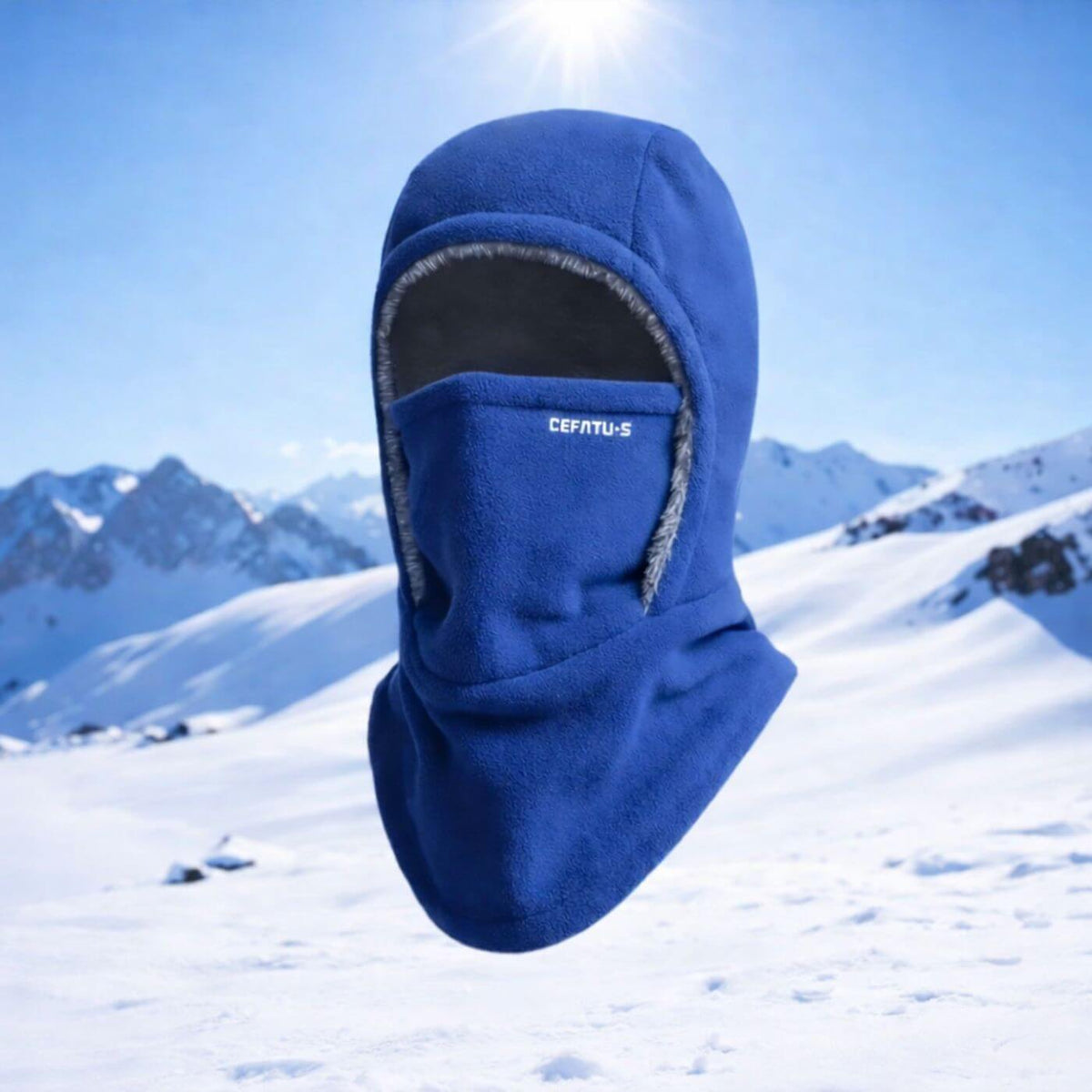 Unisex balaclava hat with face cover, ear trim and draped neck section
