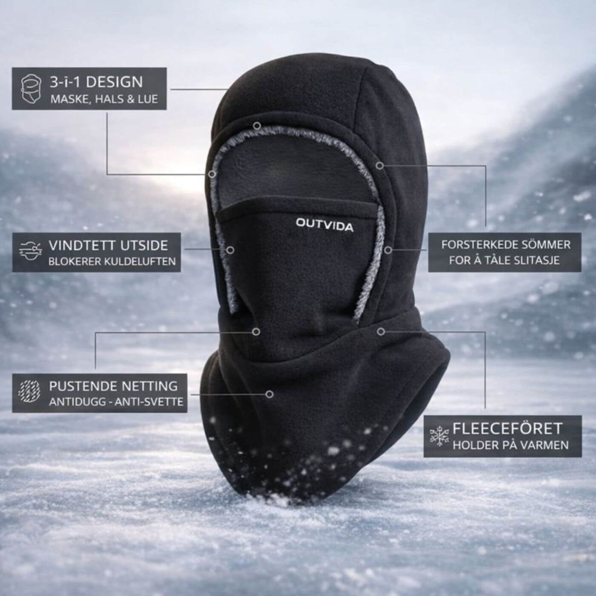 Unisex balaclava hat with face cover, ear trim and draped neck section