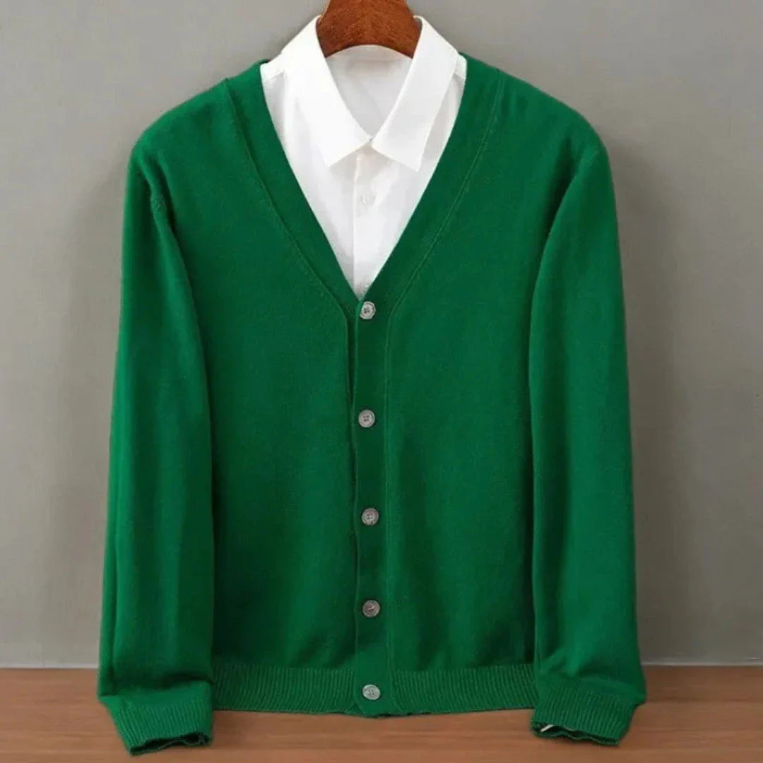 Men's V-neck button-front knit cardigan with long sleeves and ribbed trims
