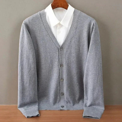 Men's V-neck button-front knit cardigan with long sleeves and ribbed trims