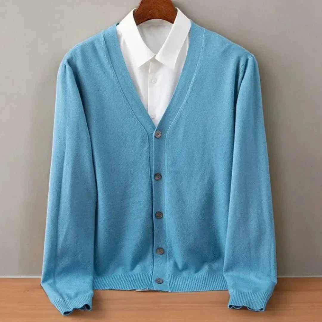 Men's V-neck button-front knit cardigan with long sleeves and ribbed trims