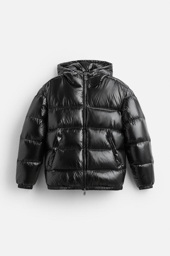 Unisex down jacket with high collar and zip front